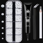 Nail Art Rhinestone Glue Gel&Flatback Gems Accessories Kit, 1 Tube of 15ml Rhinestone Gel Glue(UV/LED Needed)+1 Box of Flat-Back Half Round White Pearls with Pickup Pencil and Tweezer