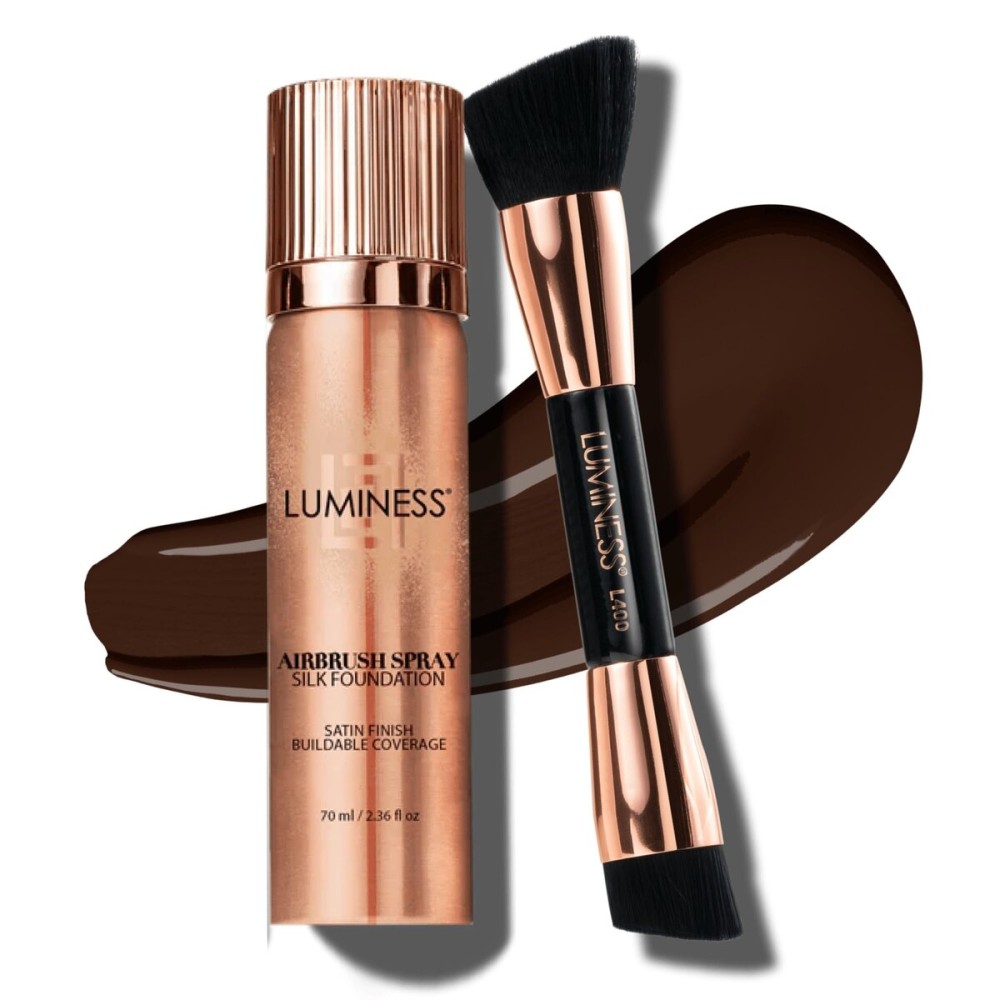 LUMINESS Silk Airbrush Spray Foundation & Buffing Brush Kit - Full Coverage Foundation & Dual-Sided Buffing Brush - Buildable Coverage, Anti-Aging Formula Hydrates & Moisturizes (Shade - Rich Dark)