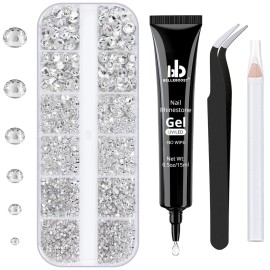 Nail Art Rhinestone Glue Gel&Flatback Gems Accessories Kit, 1 Tube of 15ml Rhinestone Gel Glue(UV/LED Needed)+1 Box of Flat-Back Round Glass Crystal Clear Gemstones with Pickup Pencil and Tweezer