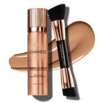 LUMINESS Silk Airbrush Spray Foundation & Buffing Brush Kit - Full Coverage Foundation & Dual-Sided Buffing Brush - Buildable Coverage, Anti-Aging Formula Hydrates & Moisturizes (Shade - Warm)