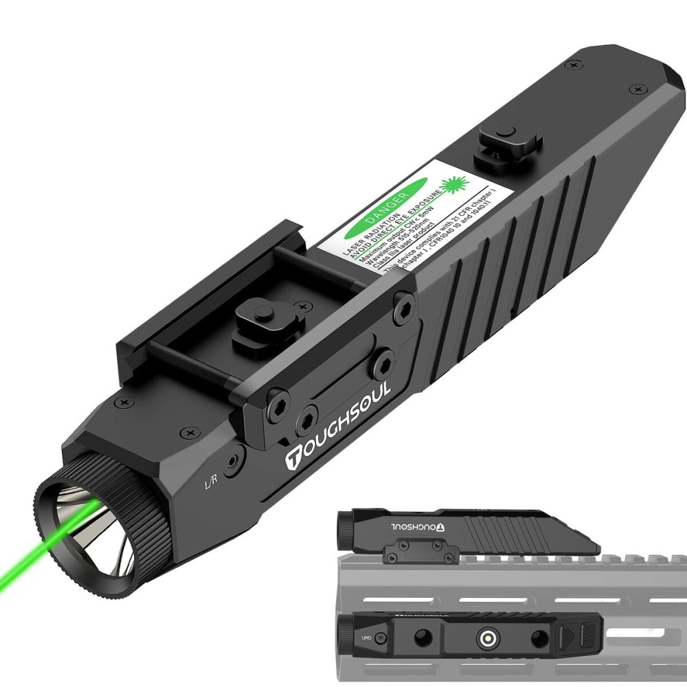 TOUGHSOUL Tactical Flashlight Green Laser Sight Combo, 1450 Lumen Picatinny Rail MLOK Mounted Rechargeable Rifle Flashlight (Green Laser)
