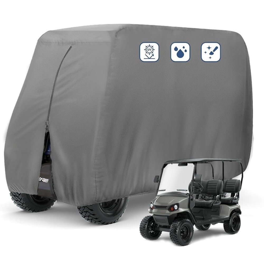 FLYMEI 4 Passenger Golf Cart Covers, Waterproof Outdoor Golf Cart Cover for EZ GO Club Car Yamaha Golf Carts, Dustproof 4 Seat Club Car Cover Golf Cart Seat Covers, 112\'\' L x 48\'\' W x 66\'\' H, Grey