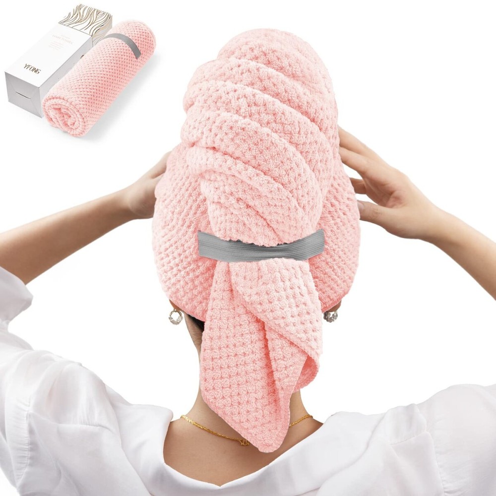 YFONG Large Hair Towel Wrap for Women, Super Absorbent Microfiber Hair Towel for Curly Hair, Fast Drying Hair Turbans with Elastic,Hair Drying Towel Wrap for Hair Care 26.3 X 40 (Pink)