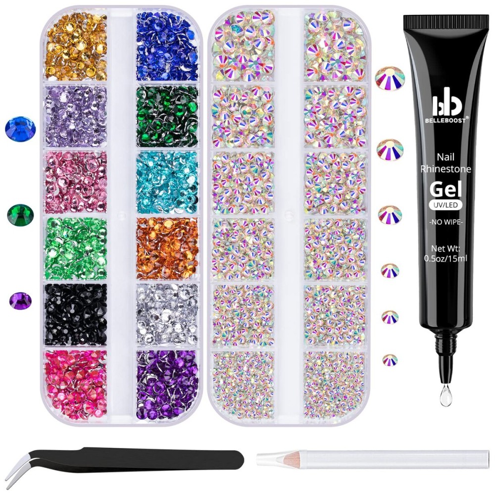 BELLEBOOST Nail Art Rhinestone Glue Gel&2 Boxes Flatback Gems Kit, 1 Tube of 15ml Rhinestone Gel Glue(UV/LED Needed)+Colorful Gems+Flat-Back Round Glass Crystal AB Gemstones with Pickup Tools