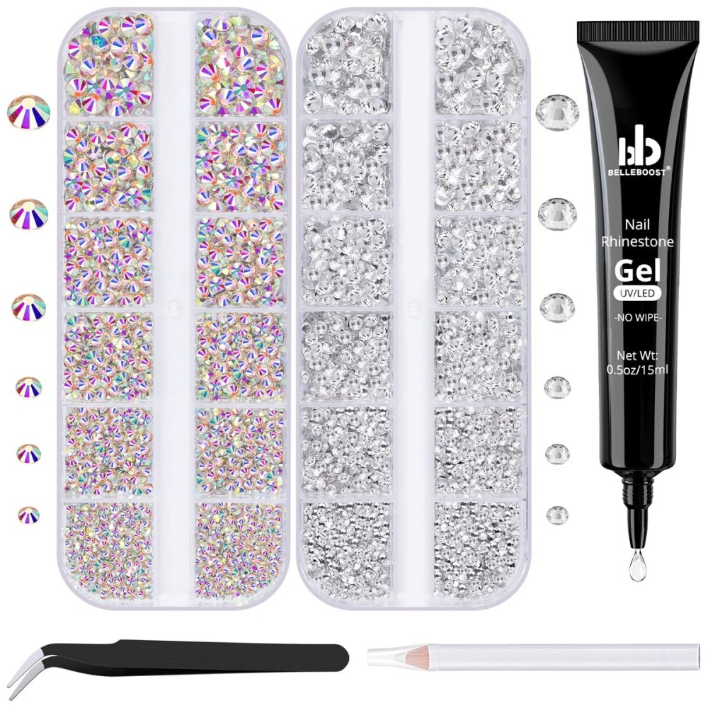 BELLEBOOST Nail Art Rhinestone Glue Gel&2 Boxes Flatback Gems Kit, 1 Tube of 15ml Rhinestone Gel Glue(UV/LED Needed)+Crystal AB Gems+Flat-Back Round Glass Clear Gemstones with Pickup Tools