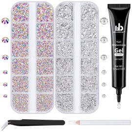 BELLEBOOST Nail Art Rhinestone Glue Gel&2 Boxes Flatback Gems Kit, 1 Tube of 15ml Rhinestone Gel Glue(UV/LED Needed)+Crystal AB Gems+Flat-Back Round Glass Clear Gemstones with Pickup Tools