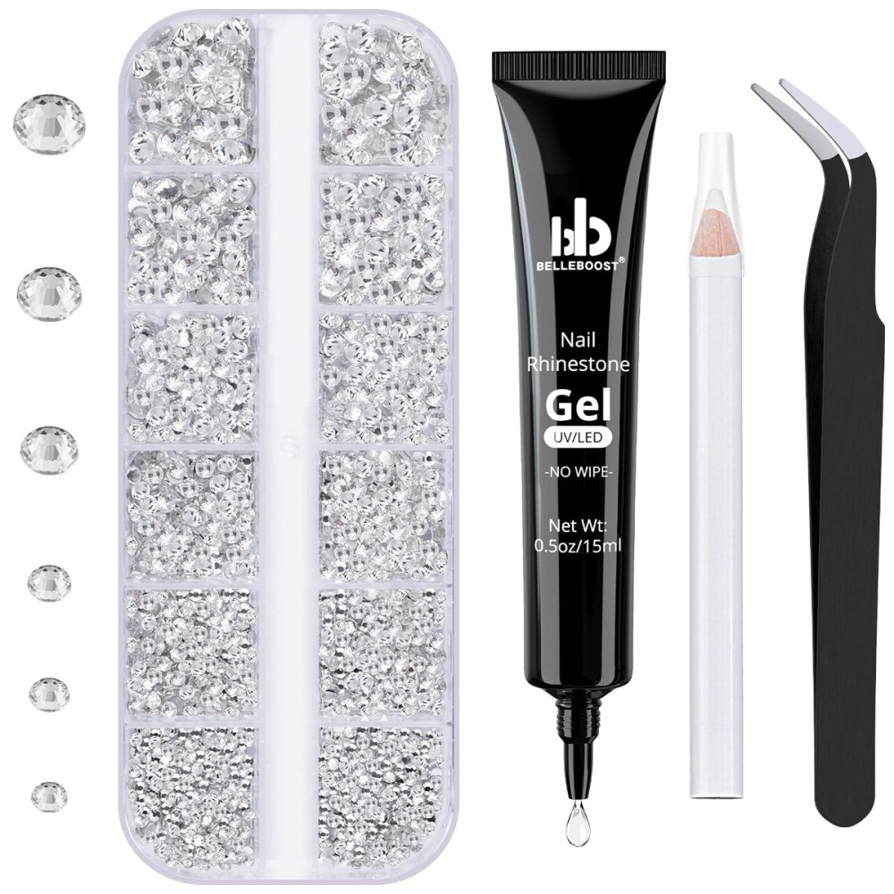BELLEBOOST Nail Art Rhinestone Glue Gel&1 Box Flatback Gems Kit, 1 Tube of 15ml Rhinestone Gel Glue(UV/LED Needed)+Round Glass Crystal Clear Gemstones with Pickup Tools