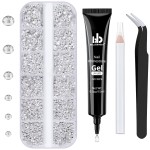 BELLEBOOST Nail Art Rhinestone Glue Gel&1 Box Flatback Gems Kit, 1 Tube of 15ml Rhinestone Gel Glue(UV/LED Needed)+Round Glass Crystal Clear Gemstones with Pickup Tools