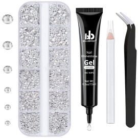 BELLEBOOST Nail Art Rhinestone Glue Gel&1 Box Flatback Gems Kit, 1 Tube of 15ml Rhinestone Gel Glue(UV/LED Needed)+Round Glass Crystal Clear Gemstones with Pickup Tools