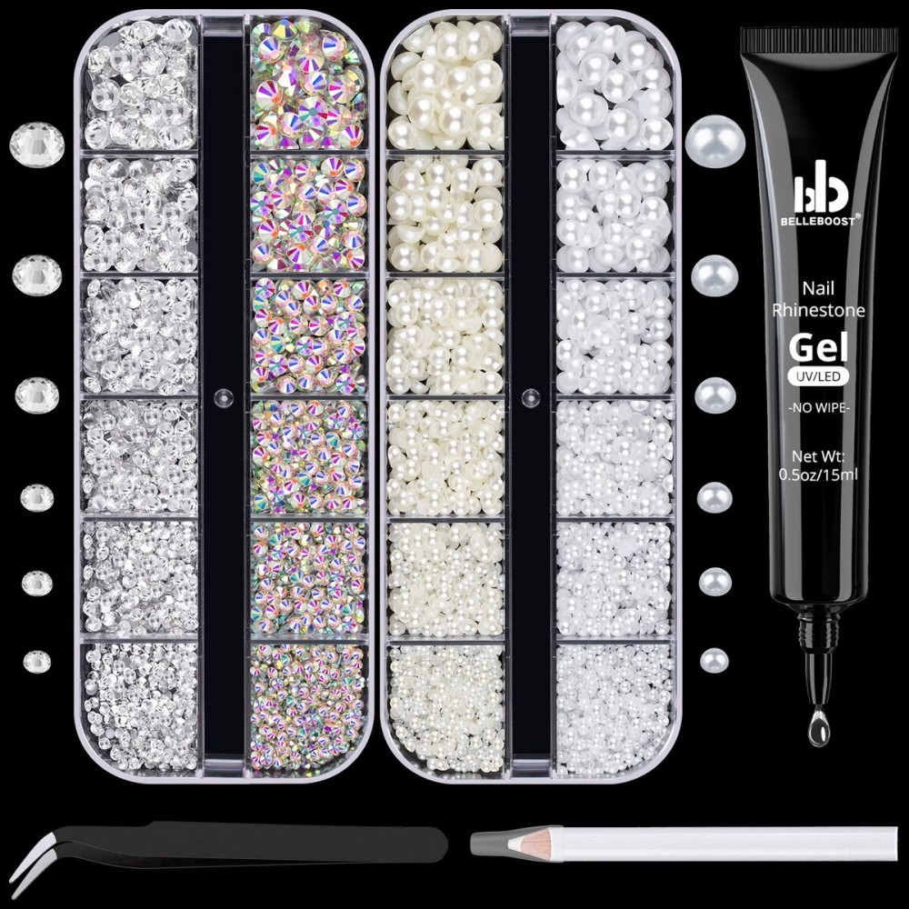 BELLEBOOST Nail Art Rhinestone Glue Gel&2 Boxes Flatback Gems Kit, 1 Tube of 15ml Rhinestone Gel Glue+Round AB&Clear Gems+Flat-Back Half Round White&Beige Pearls with Pickup Tools