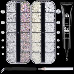 BELLEBOOST Nail Art Rhinestone Glue Gel&2 Boxes Flatback Gems Kit, 1 Tube of 15ml Rhinestone Gel Glue+Round AB&Clear Gems+Flat-Back Half Round White&Beige Pearls with Pickup Tools