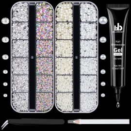 BELLEBOOST Nail Art Rhinestone Glue Gel&2 Boxes Flatback Gems Kit, 1 Tube of 15ml Rhinestone Gel Glue+Round AB&Clear Gems+Flat-Back Half Round White&Beige Pearls with Pickup Tools