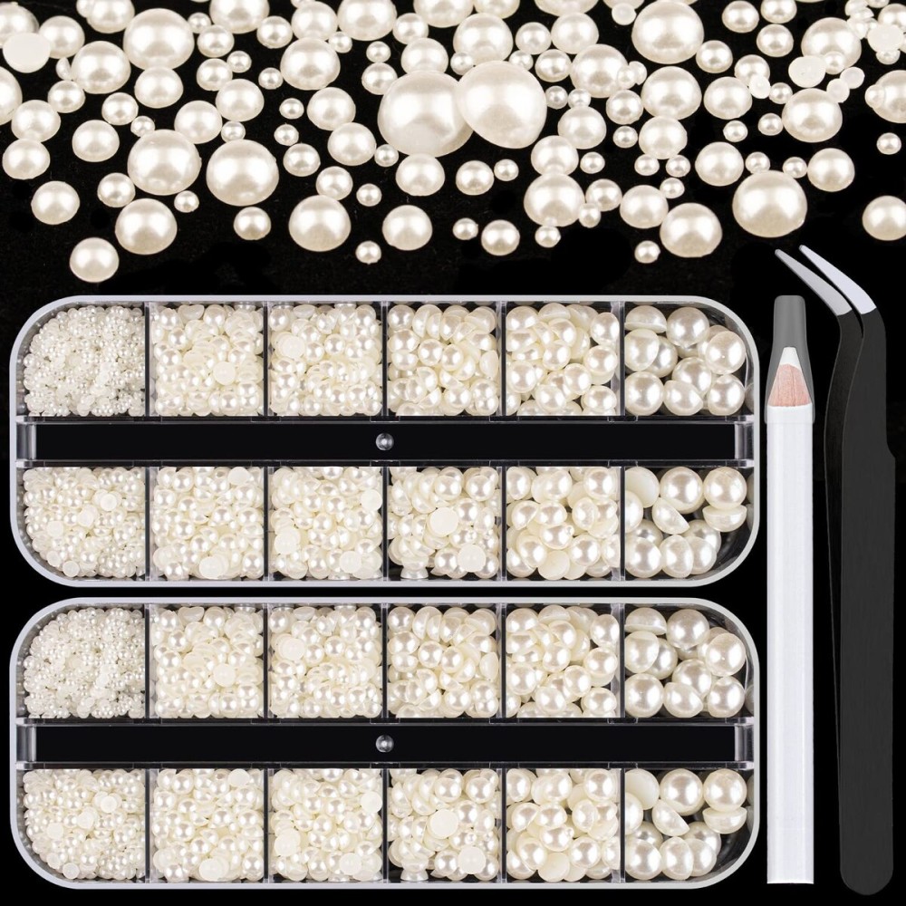 Belleboost Flat Back Pearls Kits 2 Boxes of Flatback Beige Half Round Pearls with Pickup Pencil and Tweezer for Home DIY and Professional Nail Art, Face Makeup and Craft