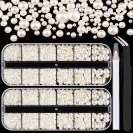 Belleboost Flat Back Pearls Kits 2 Boxes of Flatback Beige Half Round Pearls with Pickup Pencil and Tweezer for Home DIY and Professional Nail Art, Face Makeup and Craft