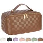 Large Capacity Travel Cosmetic Bag - Portable Makeup Bags for Women Waterproof PU Leather Checkered Makeup Organizer Bag with Dividers and Handle,Toiletry Bag for Cosmetics, Brown