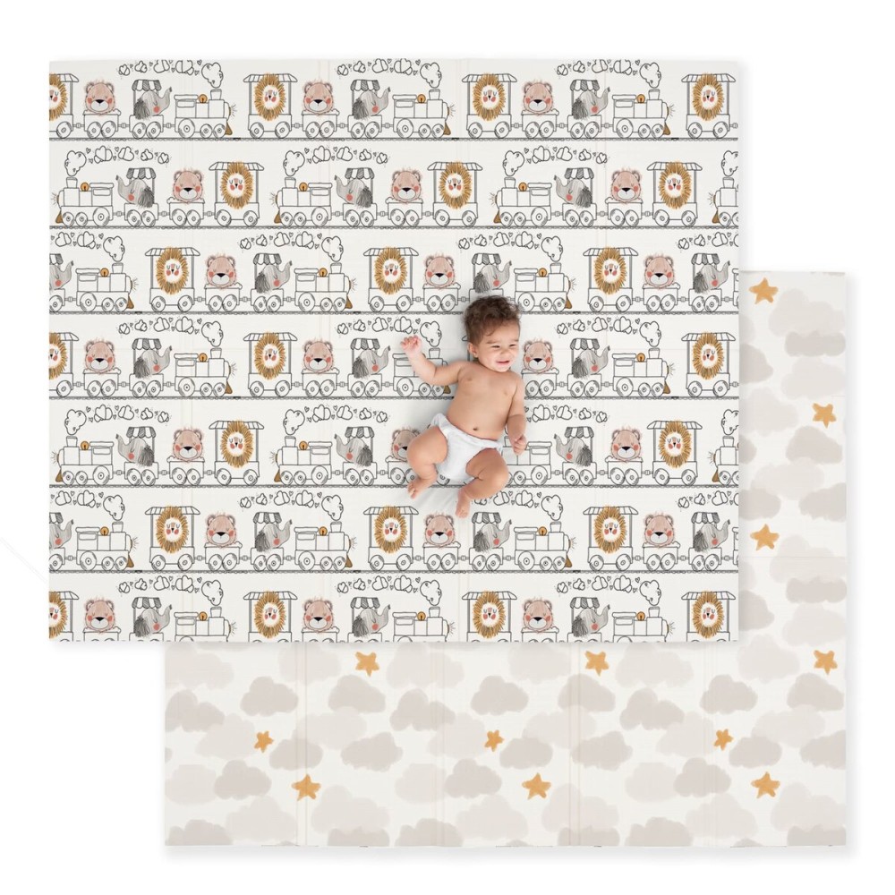 JumpOff Jo Baby Play Mat - Large Folding Foam Play Mat for Infants, Babies, Toddlers, Waterproof, Double-Sided (70 x 59) - Zoo Train
