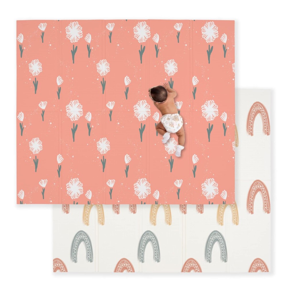 JumpOff Jo Baby Play Mat - Large Folding Foam Play Mat for Infants, Babies, Toddlers, Waterproof, Double-Sided (70 x 59) - Flower Power