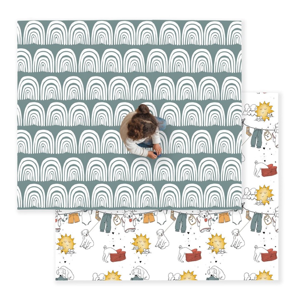 JumpOff Jo Baby Play Mat - Large Folding Foam Play Mat for Infants, Babies, Toddlers, Waterproof, Double-Sided (70 x 59) - Rainbow Dog Days