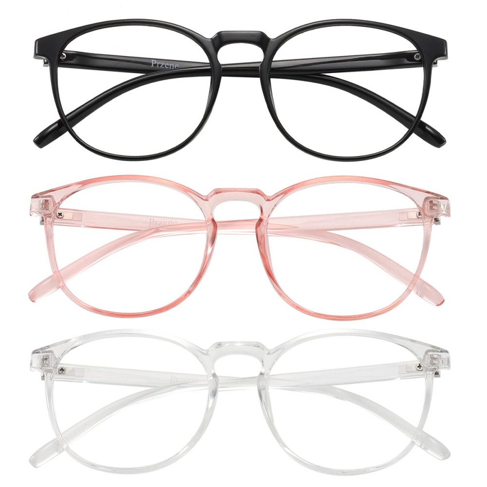 Przene 3 Pack Blue Light Blocking Glasses Women/Men,Retro Round Computer Glasses Anti Eye Strain/UV/Glare, Gaming Glasses. (Black/Crystal/Pink)