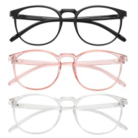 Przene 3 Pack Blue Light Blocking Glasses Women/Men,Retro Round Computer Glasses Anti Eye Strain/UV/Glare, Gaming Glasses. (Black/Crystal/Pink)