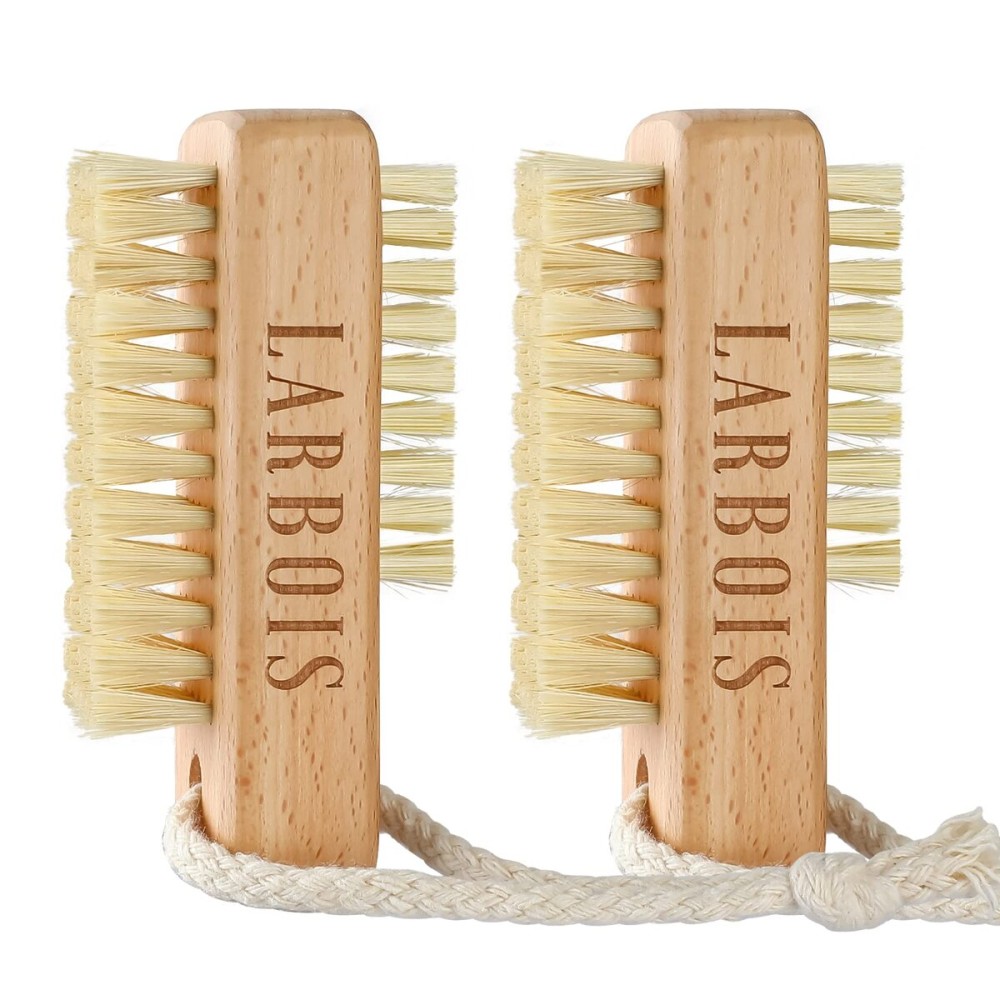 Larbois Nail Brush for Cleaning Fingernails, 2Pack Wooden Nail Brushes Fingernail Brush for Cleaning Nail Scrub Brush Two-Sided with Hanging Rope (Beechwood)