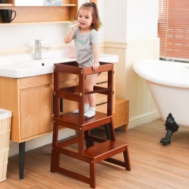 Kids Kitchen Step Stool for Kids with Safety Rail,Solid Wood Construction Toddler Learning Stool, Montessori Toddlers Kitchen Stool Tower (Walnut)