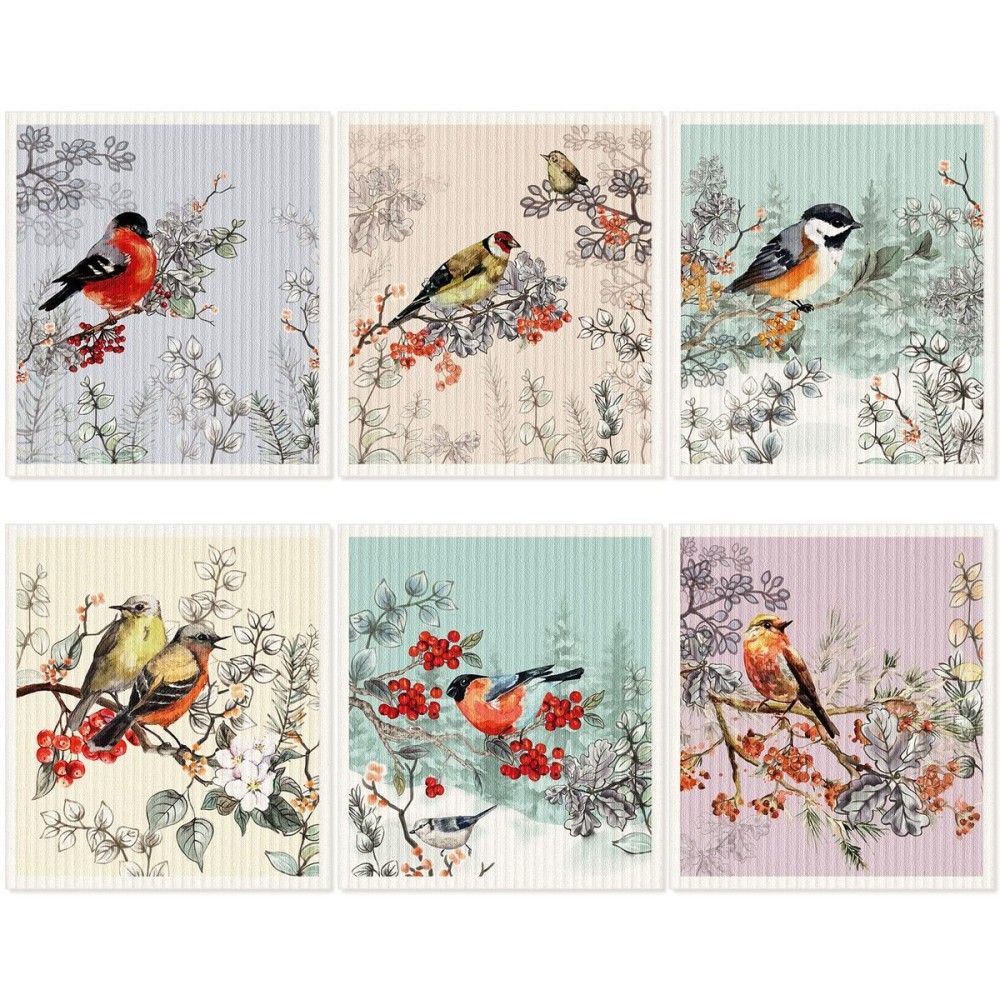 6 Pcs Swedish Kitchen Dish Cloths Kitchen Towels Reusable Sponge Cleaning Cloths Wipes Absorbent Dish Cloth Quick Drying Washable Decorative Tea Towels No Odor Bar Hand Towel (Fine Brushwork Bird)