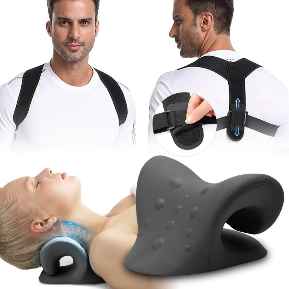 iBYWM Neck Stretcher & Posture Corrector for Women and Men, Cervical Traction for Spine Alignment, Adjustable Upper Back Brace & Elastic Support for Shoulder Back Pain Relief (Black)