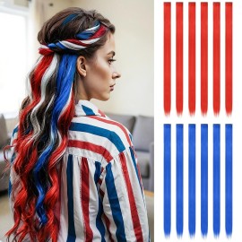 FESHFEN Colored Clip in Hair Extensions - 12 PCS Blue and Red Highlighted Hair Piece Straight Synthetic Clip in Hairpieces for Women 22 inch