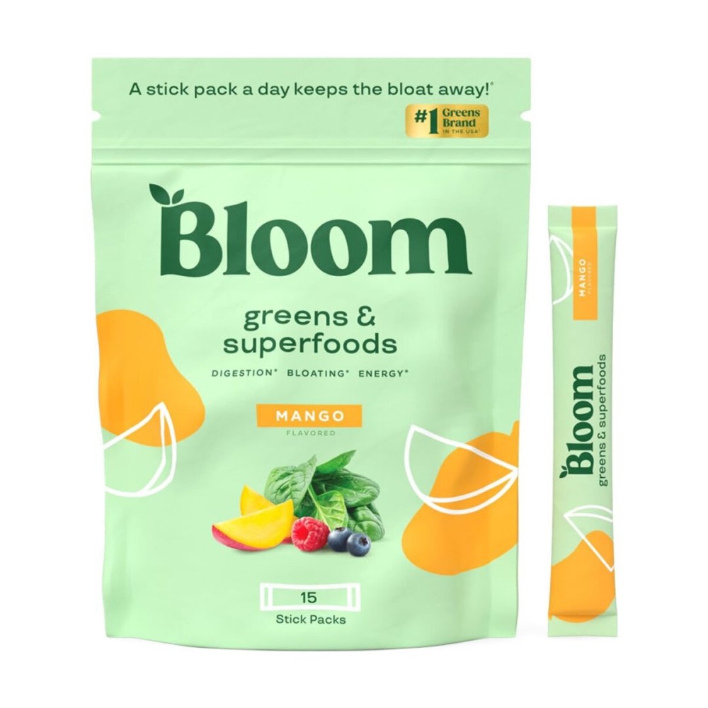 Bloom Nutrition Superfood Greens Powder Stick Packs, Digestive Enzymes with Probiotics and Prebiotics, Gut Health, Bloating Relief for Women, Chlorella, Green Juice Mix, 15 SVG, Mango