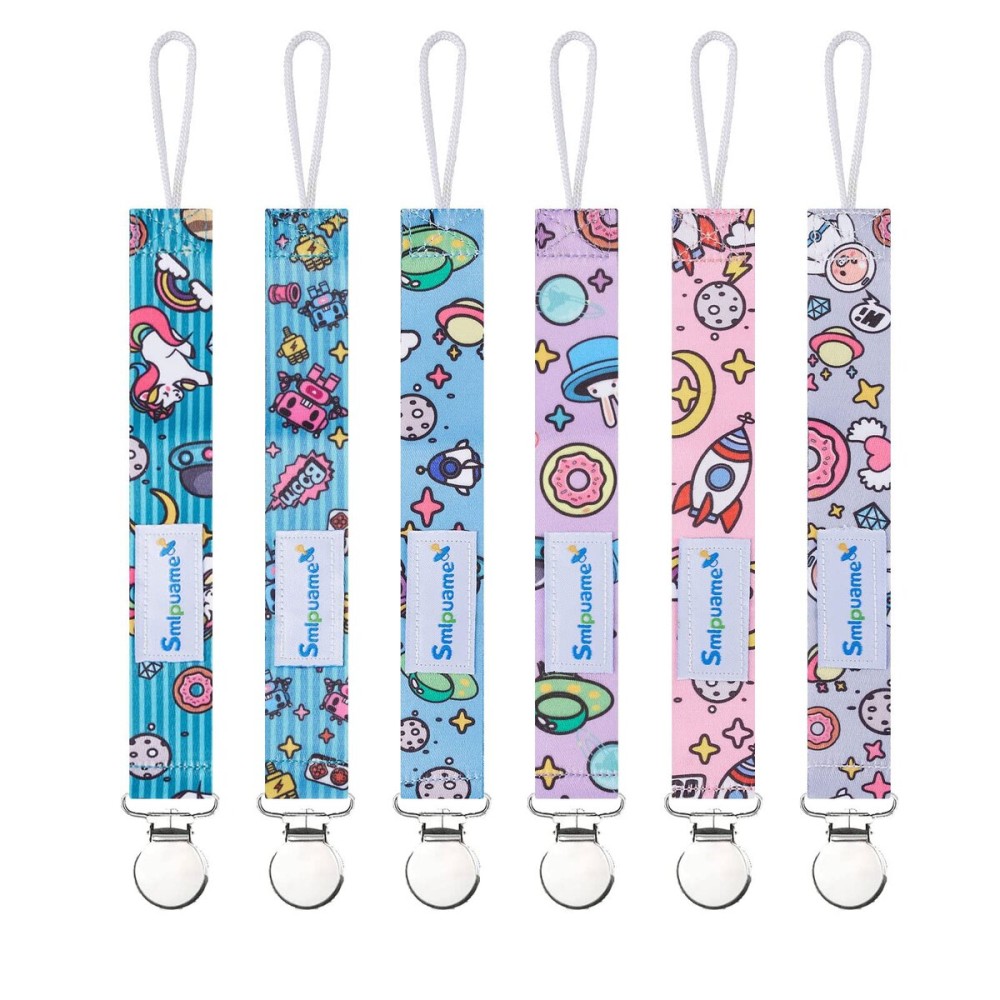 Smlpuame Pacifier Clip Girl,6 Pack Stylish Binky Clips Strap for Baby Girls,Paci Holder with Metal Clip Lightweight Universal Fits Most Pacifiers Teether Toy Soothie,Baby Gift(Travel in Space)