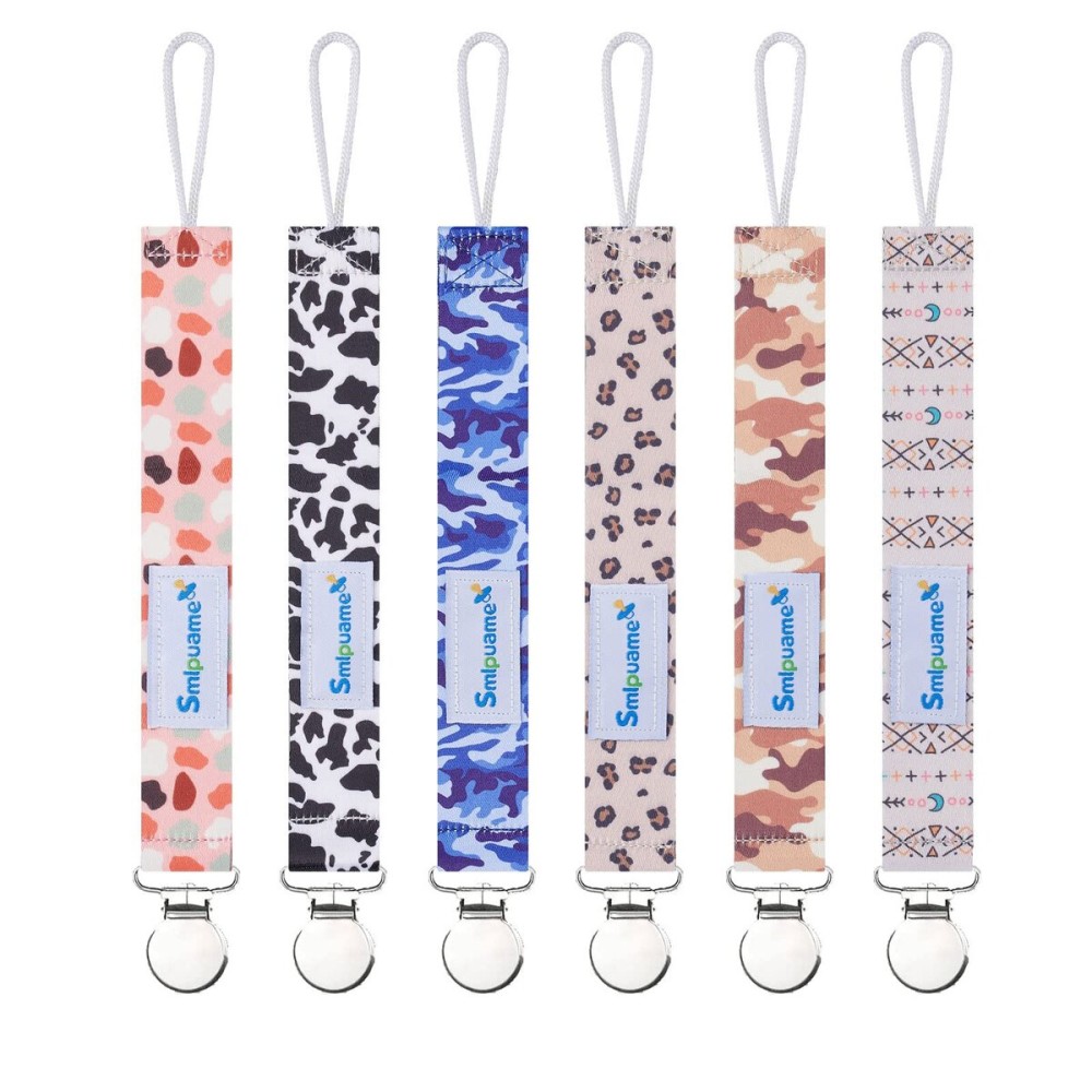 Smlpuame Pacifier Clip for Baby Boys Girl,6 Pack Stylish Binky Clips Strap,Paci Holder with Metal Clips Universal Lightweight Fits Most Pacifiers Teeher Toy,Baby Gifts(Boho & Leopard & Camo)