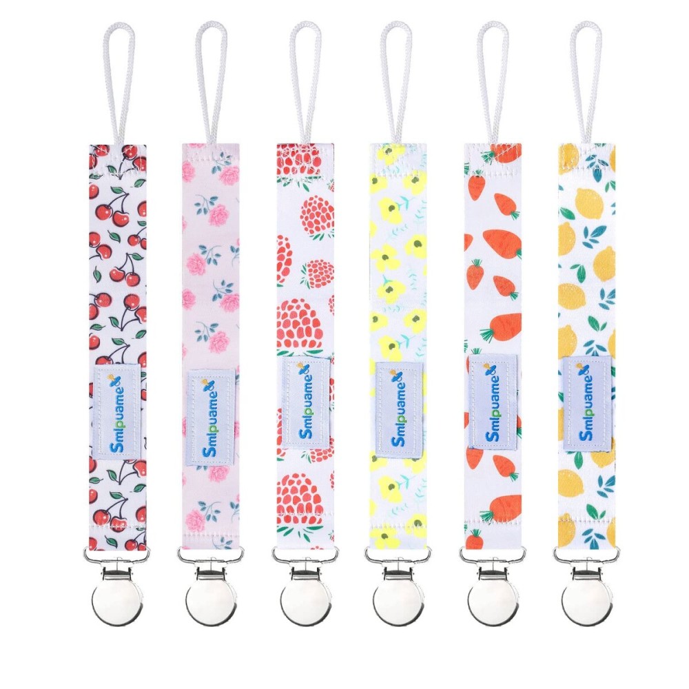 Smlpuame Pacifier Clip Girl,6 Pack Stylish Binky Clips Strap for Baby Girls,Paci Holder with Metal Clip Lightweight Universal Fits Most Pacifiers Teether Toys Soothie,Baby Gift(Flower & Fruit)