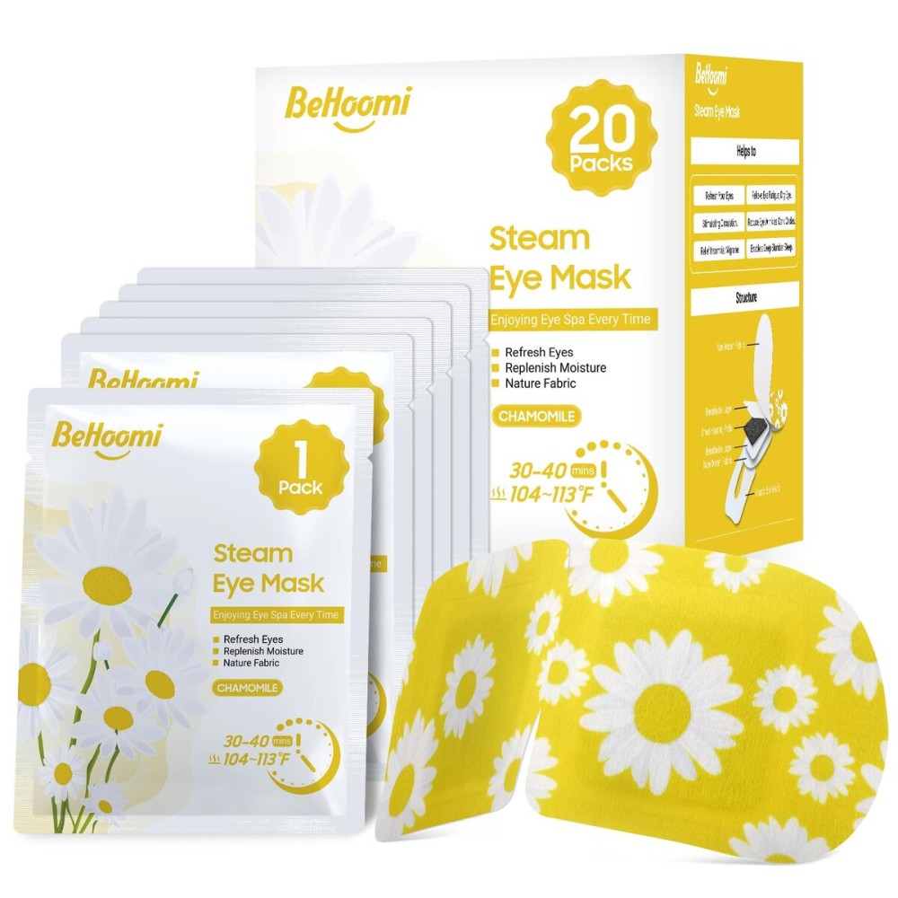 BeHoomi 20 Packs Steam Eye Mask, Heated Eye Mask Warm Compress for Eyes, Disposable Self Heating Steam Mask Sleep, Spa, Travel Essentials & Relaxation Gifts for Women, Stocking Stuffers (Chamomile)
