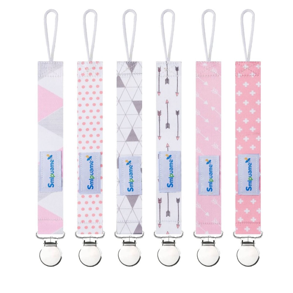 Smlpuame Pacifier Clip Girl,6 Pack Stylish Binky Clips Strap for Baby Girls,Paci Holder with Metal Clip Lightweight Universal Fits Most Pacifiers Teether Toy Soothie,Baby Gifts(Pink & Grey)