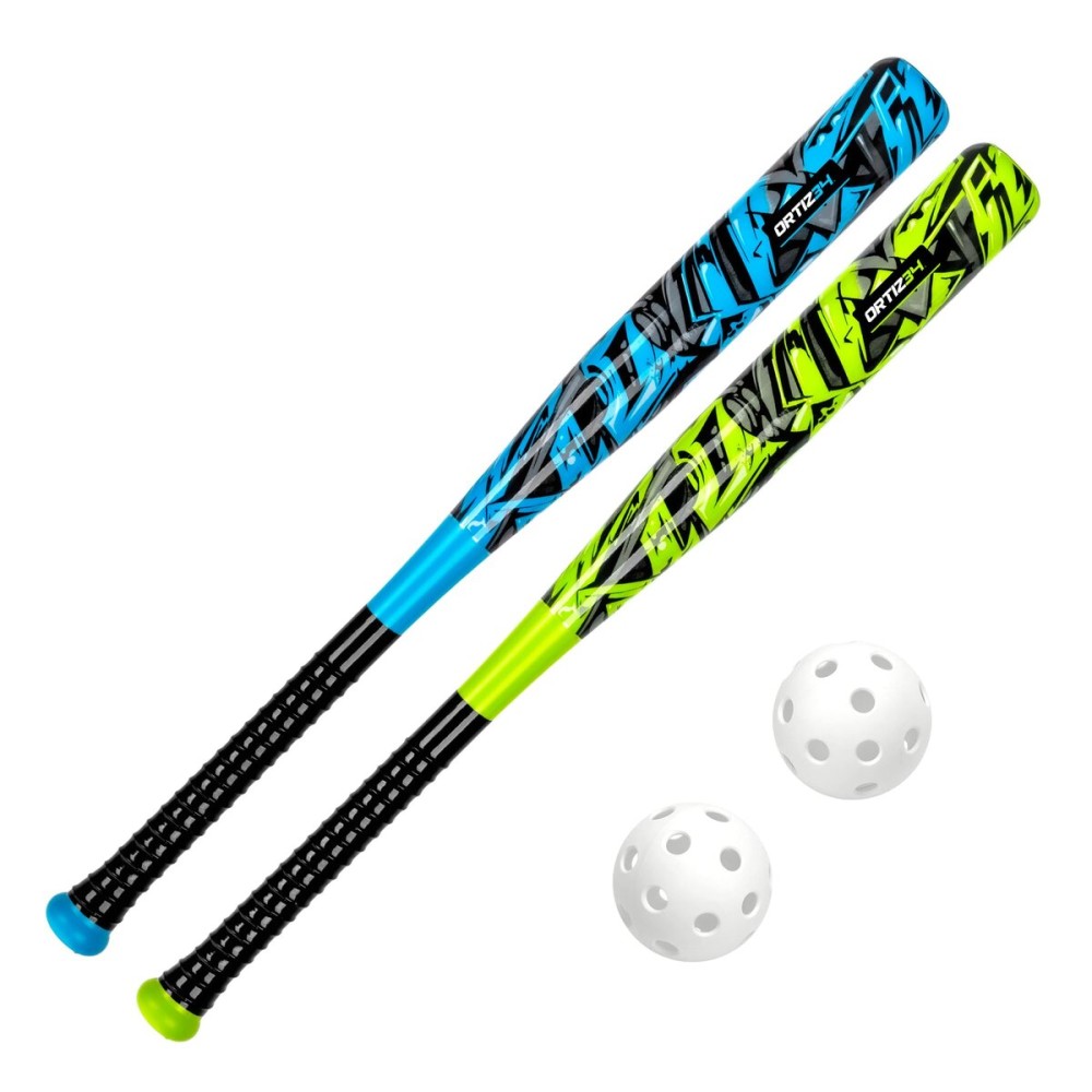 Ortiz34 Bat & Ball Set - Graffiti Plastic Bat & Ball Homerun Set- David Ortiz Backyard Baseball Set for Youth, Kids, Teenagers, Adults (2 Pack Bat & Ball Set, Blue/Volt)