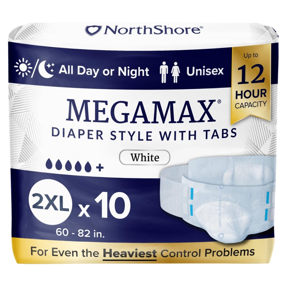 NorthShore MegaMax Adult Overnight Diapers, 12-Hour Tab-Style, 2X-Large, 10 Count Bag, White, 60-82 inches, Unisex Incontinence Underwear