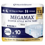 NorthShore MegaMax Adult Overnight Diapers, 12-Hour Tab-Style, 2X-Large, 10 Count Bag, White, 60-82 inches, Unisex Incontinence Underwear