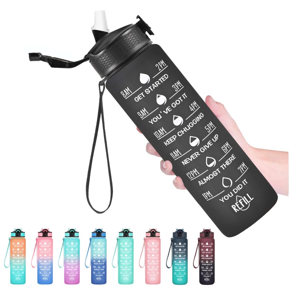 Hyeta 32 oz Water Bottles with Times to Drink and Straw, Motivational Water Bottle with Time Marker, Leakproof, Drinking Sports Water Bottle for Fitness, Gym and Outdoor