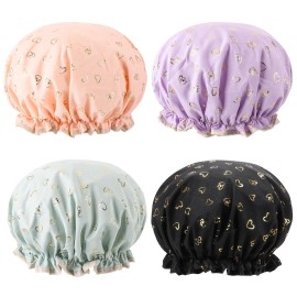 Tbestmax 4 Pcs Shower Caps Hat for Women and Girl, Reusable Waterproof Bath Cap Double Waterproof Layers