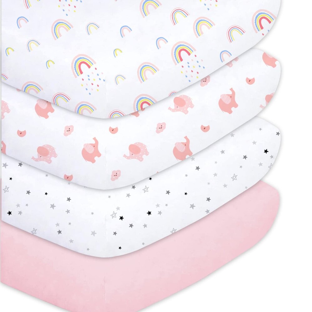 Plushii Crib Sheets for Baby Girls 4 Pack, 28x 52 Extra Soft Microfiber Crib Sheet Set for Standard Crib & Toddler Mattress Pad, Rainbow & Elephant & Stars & Pink