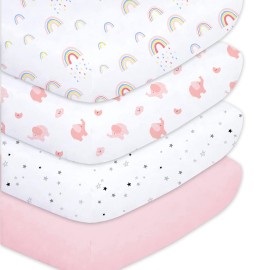 Plushii Crib Sheets for Baby Girls 4 Pack, 28x 52 Extra Soft Microfiber Crib Sheet Set for Standard Crib & Toddler Mattress Pad, Rainbow & Elephant & Stars & Pink