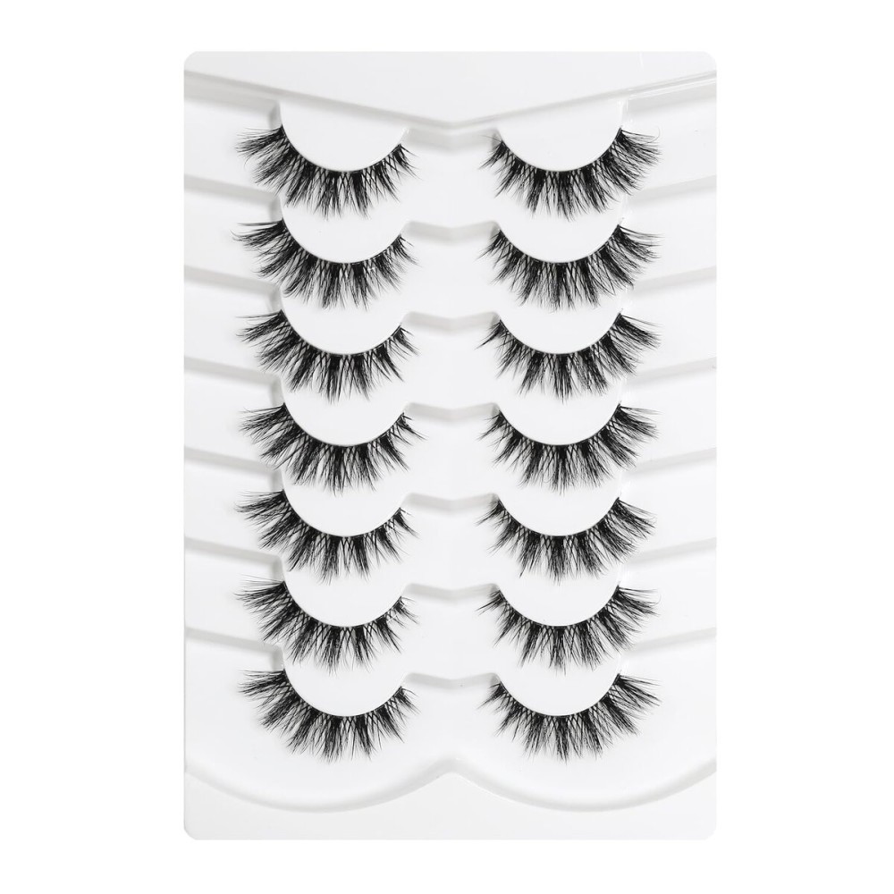Happy Heartbeat 3D Clear Band Lashes Spiky Cat Eye False EyeLashes D Curl 12mm Short Manga Wispy Natural Reusable Soft Thin Invisible Band Fake lashes 7 Pairs (No.206)