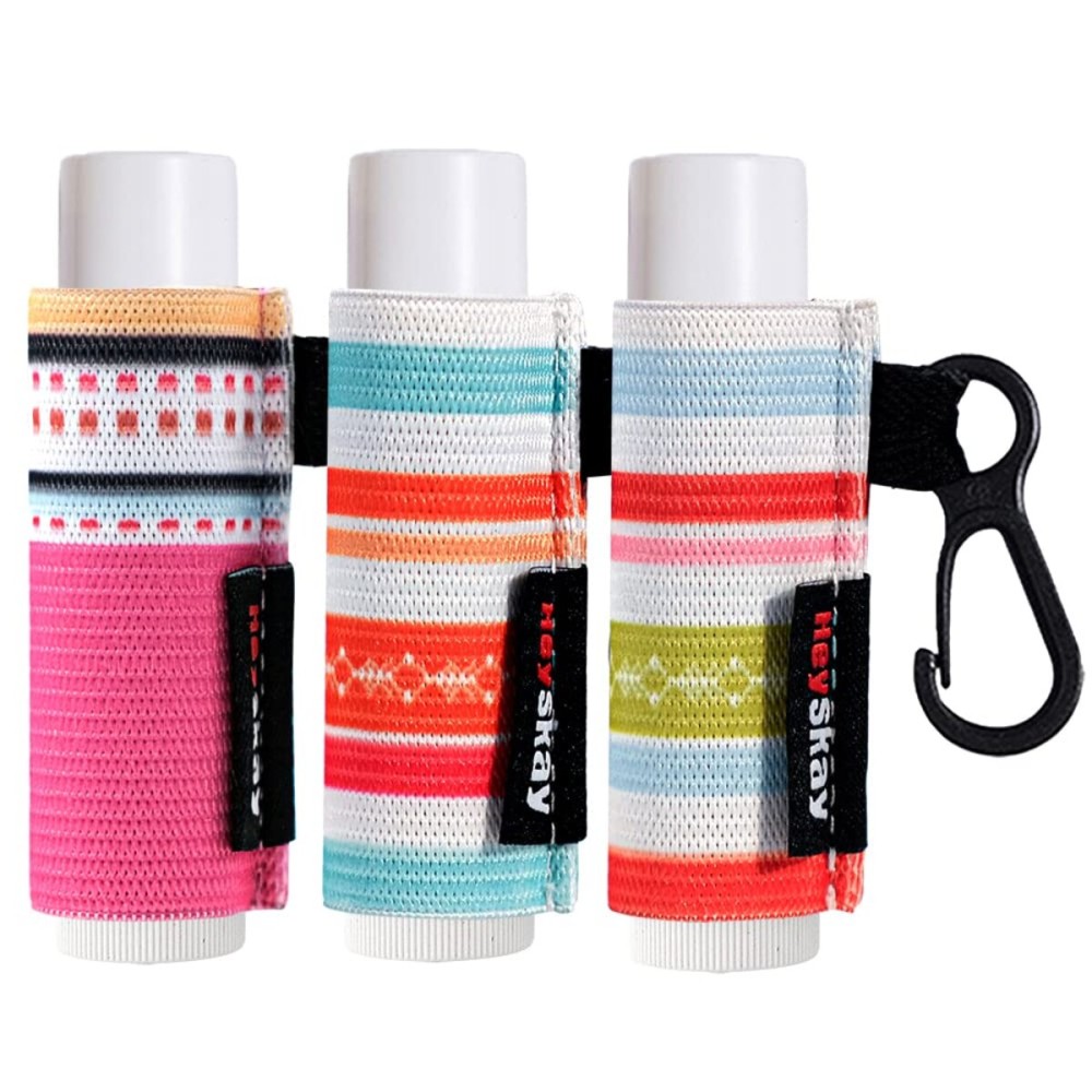 HEYSKAY 3PCS Lip Balm Holder Keychain Lipstick Sleeves Bulk Chapstick Holder Keychain Lip Gloss Holder Chapstick Elastic Sleeves(Strip pattern)