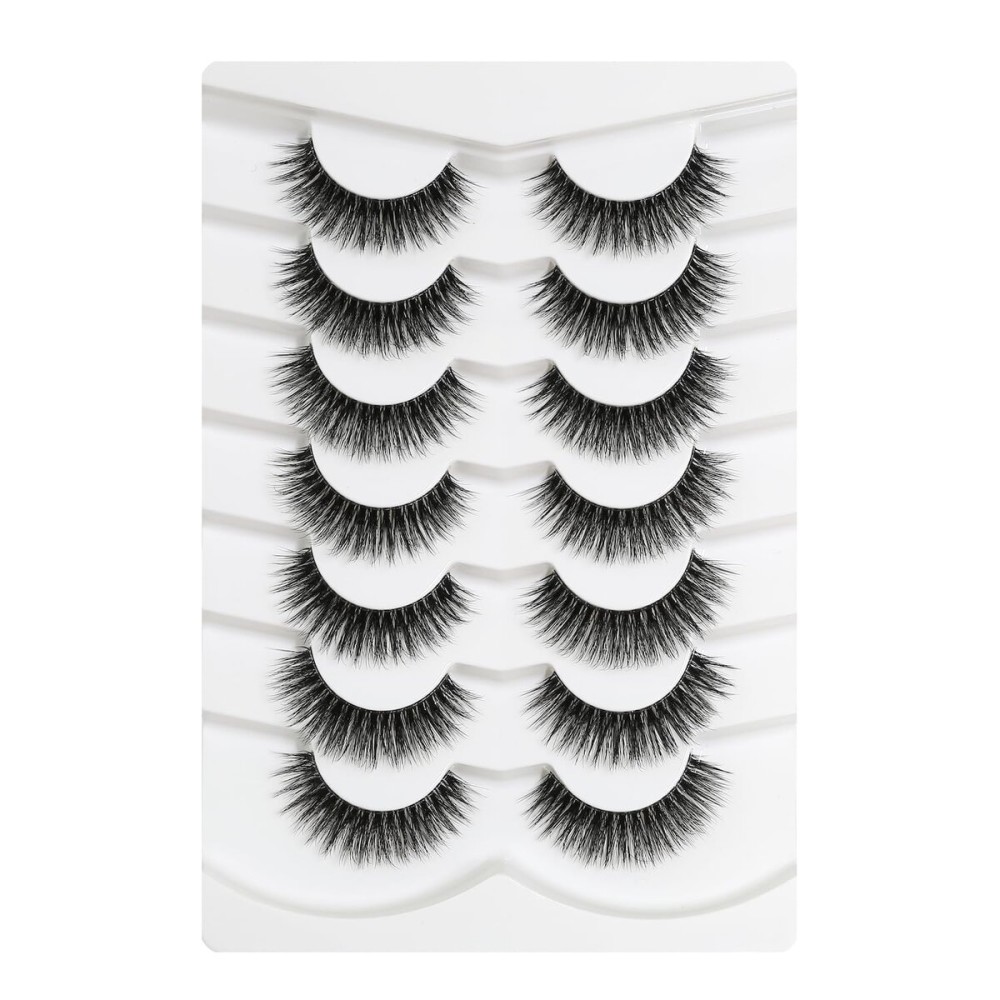 Happy Heartbeat 3D Clear Band Lashes 14mm Natural Soft Faux Mink Lashes C/D Curl Cat Eye Wispy Fake Eyelashes Short Cross Reusable False EyeLashes 7 Pairs (No.207)