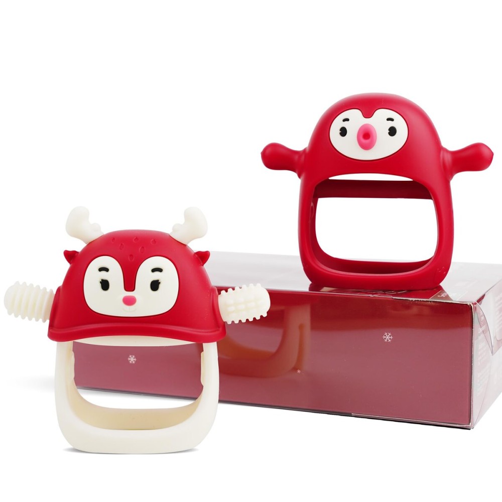 Baby Christmas Stocking Stuffers-Smily Mia Penguin Buddy and Reindeer 2 in 1 Christmas Gift/Toy Set for 0-12 Months Teething Babies, Teeting Mittens For Babies, Infant Christmas Gift Box-Christmas Red