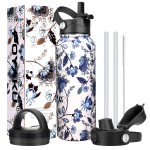 Water Bottle Insulated 32oz 40oz 64oz 128oz Straw Lid Spout Lid & 3 Lids, Leak Proof, Vacuum Insulated,Stainless Steel Water Bottle Wide Mouth for Sports, Gym or Office (Ceramics, 40 oz)