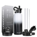 Water Bottle Insulated 32oz 40oz 64oz 128oz Straw Lid Spout Lid & 3 Lids, Leak Proof, Vacuum Insulated,Stainless Steel Water Bottle Wide Mouth for Sports, Gym or Office (Day & Night, 32 Ounces)