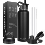 Water Bottle Insulated 32oz 40oz 64oz 128oz Straw Lid Spout Lid & 3 Lids, Leak Proof, Vacuum Insulated,Stainless Steel Water Bottle Wide Mouth for Sports, Gym or Office (Magic Black, 40 oz)