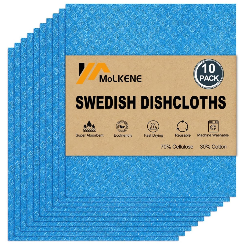 MoLKENE Swedish Dishcloths - 10 Pack Reusable Kitchen Dishcloths - Ultra Absorbent Dish Towels for Washing Dishes - Cellulose Sponge Cloth Cleaning Cloths - Blue